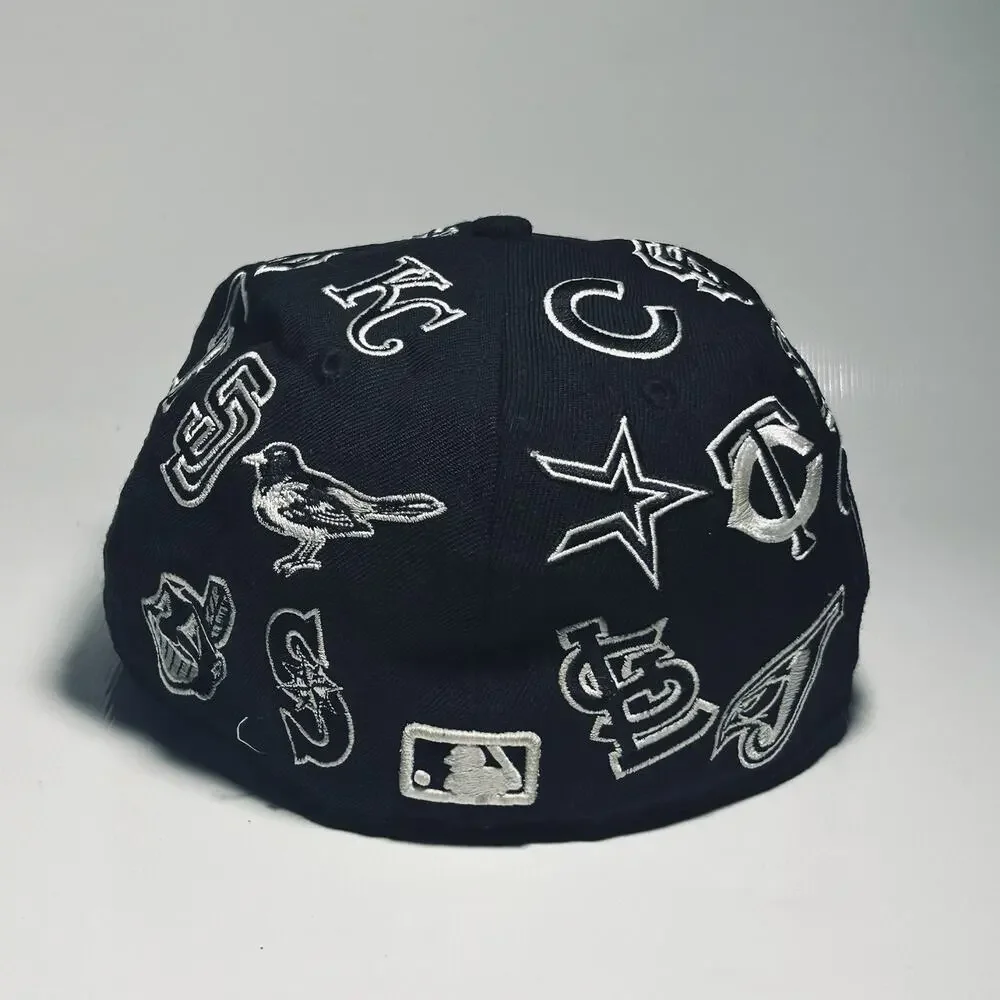 New Era 59FIFTY MLB All Over Team Logos Black Fitted Hat Size 7 1/4 58cm Cap